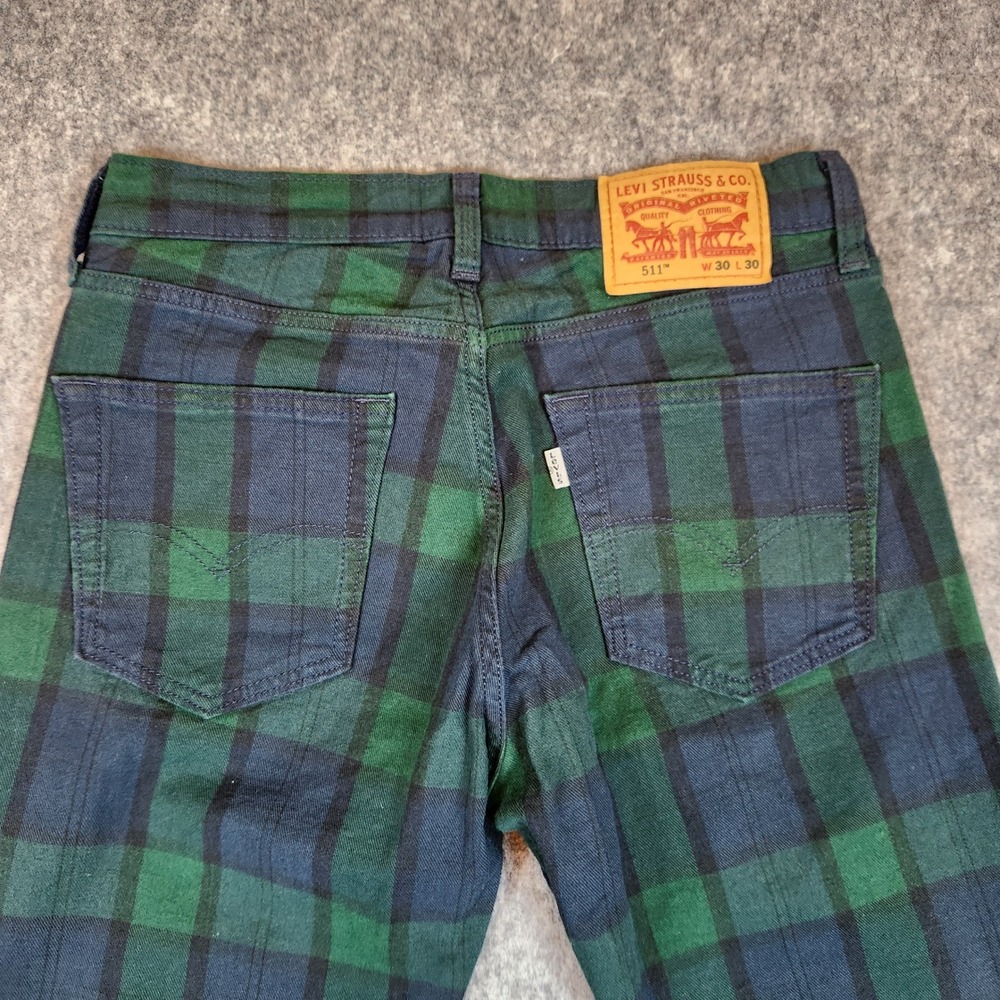 Levi 511 Slim Fit Pants Men 30x30 Green Black Watch Plaid Tartan Check Trousers - Picture 6 of 12
